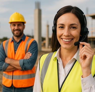 Female construction project manager with headset and male contractor at commercial building site