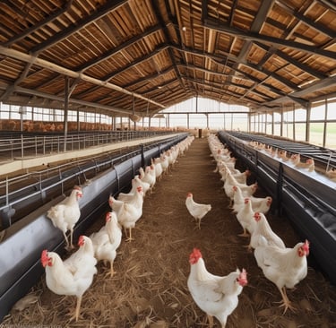 White chickens are gathered around a large bowl filled with feed. The setting includes bags with the words 'JAPFA GROUP OF COMPANIES' in the background. A metal scoop is resting on top of the pile of feed.
