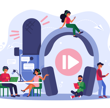 a group of people sitting around a table with headphones and radio set concept