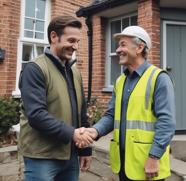 A friendly builder shaking hands with a happy homeowner outside a renovated London home.