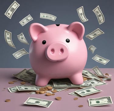 A cash saving expert depicted by a piggy bank with lots of cash around..