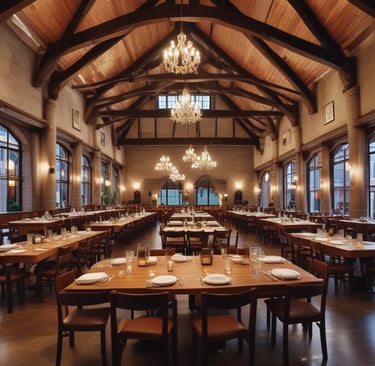 Cozy interior of the local restaurant with warm lighting and wooden tables.