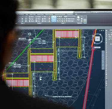 Engineer reviewing a civil engineering design using AutoCAD software on a computer monitor.