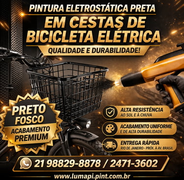 Pintura eletrostática preta fosca em cesta de bicicleta elétrica com acabamento premium durabilidade.