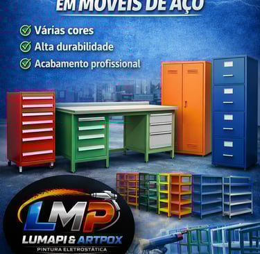 Serviço de pintura eletrostática em móveis de aço industriais coloridos com acabamento profissional.