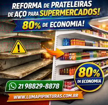 Reforma de prateleiras de aço supermercados com pintura profissional e economia de 80%.