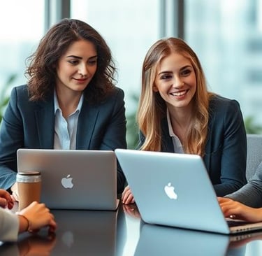 three women sitting at a table with a laptop and a laptop