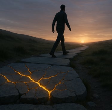 a man walking on a path with a broken glowing stone