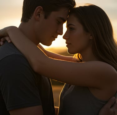 a man and woman embracing in the sunset
