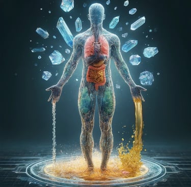 Silhouette énergétique : cristaux et fluides vitaux, symbiose futuriste et naturelle