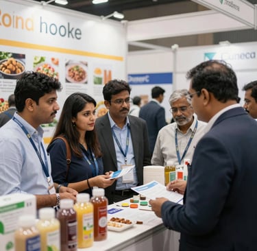 A bustling exhibition hall filled with people attending a financial conference or trade event. Prominent displays and booths from companies like Scope Markets, Daman Markets, and Hantec Markets are visible. Attendees are engaged in conversations, networking, and exploring the offerings and information provided by the exhibitors.