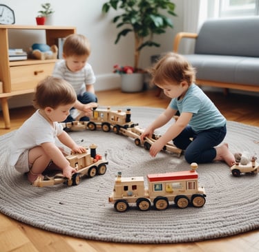 A young child with braided hair adorned with beads engages in an activity while sitting close to an adult. The child wears a colorful, striped dress and is focused intently on something out of view. The background shows soft, blurred colors, adding a gentle ambiance to the scene.