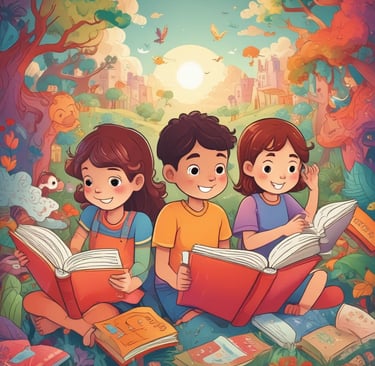 Children reading colorful storybooks together in a cozy room