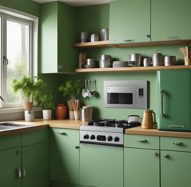 Kitchen pots and pans with oven mitts.