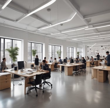 A professional team discussing plans over blueprints in a modern office setting.