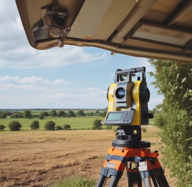 Close-up of a professional surveying equipment on a construction site.
