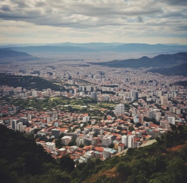 Aerial view of a modern cityscape with various buildings.