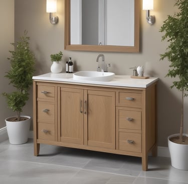 A bright, modern kitchen showcasing sleek wooden cabinets with soft-close drawers and brushed metal handles.