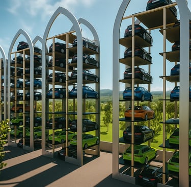 موقف سيارات كهربائي مبتكر متعدد الطوابق يعمل بسلسلة ميكانيكية لرفع وإنزال السيارات فوق الأرض وتحتها