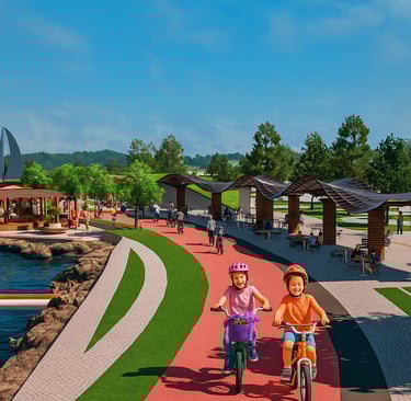 أطفال يركبون الدراجات بسرور على مسار مخصص بجوار البحيرة وسط فضاءات طبيعية ومناطق جلوس عائلية