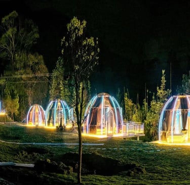 غرف زجاجية مضيئة على شكل فقاعات شفافة تحتوي على جلسات طعام خاصة بإطلالة على البحيرة