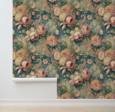 Cozy Vintage Floral Peony and Rose Peel and Stick Wallpaper
