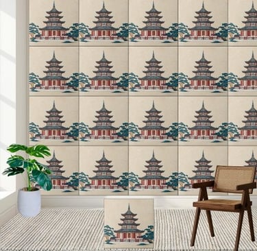 Blue and Red Chinoiserie Pagoda – Asian-Inspired Ceramic Tile