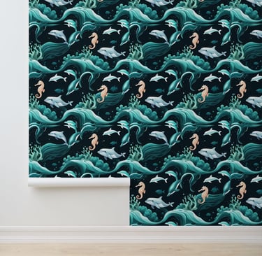 Oceanic Dolphins & Seahorses Peel and Stick Wallpaper