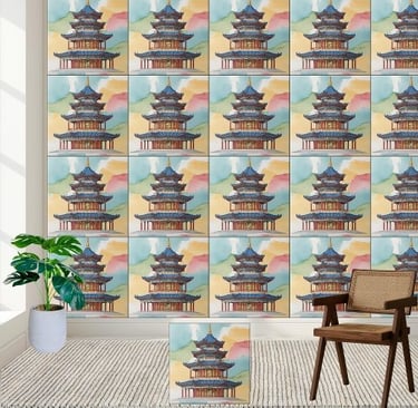 Elegant Chinoiserie Pagoda Temple Watercolor Tile
