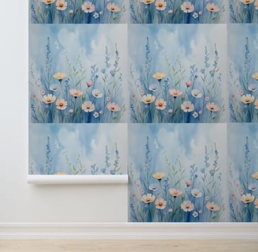Soft Blue & Pastel Floral Mural Peel and Stick Wallpaper