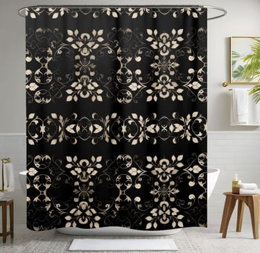 Black and Cream Shower Curtain With Flowers