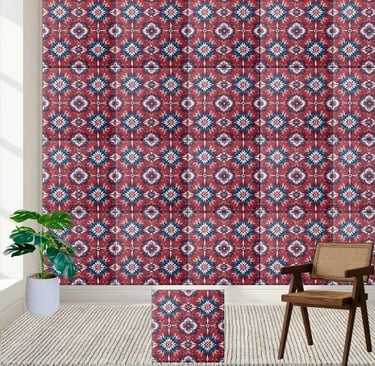 Red Blue White Scandinavian Floral Tile Pattern