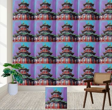 Vintage Asian-Inspired Chinoiserie Pagoda Tile