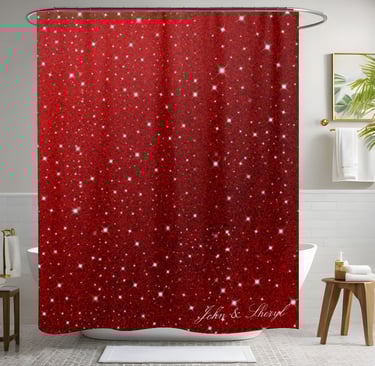 Ruby Red Sparkle & Stars Glam Shower Curtain