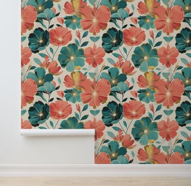 Teal and Coral Bloom Gold Accent Modern Floral Wallpaper