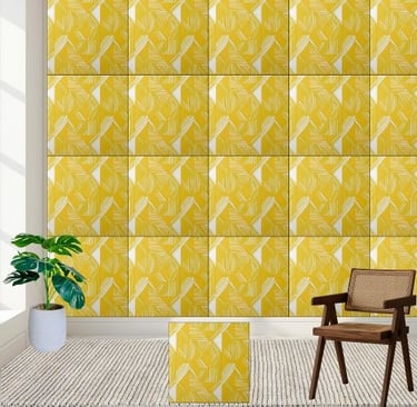 Geometric Yellow and White Line Pattern Ceramic Tile