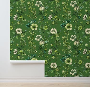 Natural Green and White Floral Peel and Stick Wallpaper