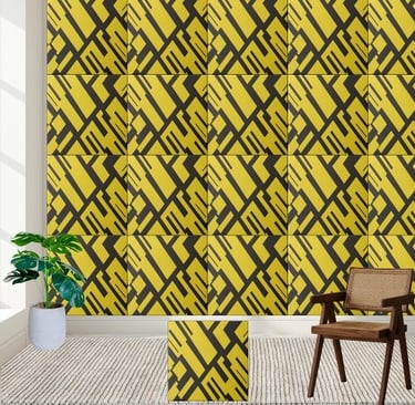 Geometric Yellow and Black Abstract Pattern Ceramic Tile