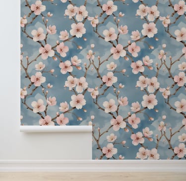 Peel and Stick Cherry Blossom Watercolor Blue Wallpaper