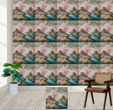 Japanese Pagoda & Cherry Blossom Chinoiserie Tile