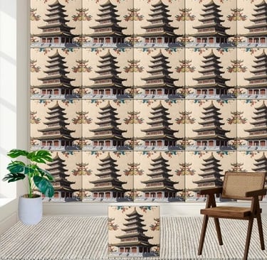 Asian-Inspired Floral Temple Chinoiserie Pagoda Ceramic Tile