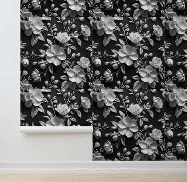 3D Botanical Art Black and White Floral Removable Wallpaper