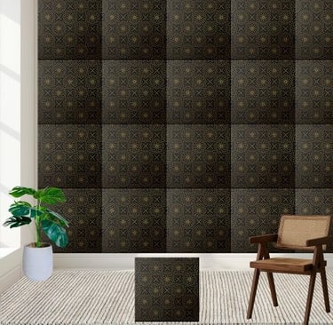Black and Gold Floral and Cross Geometric Tile
