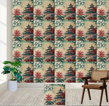 East Asian Inspired Pagoda Garden Chinoiserie Tile