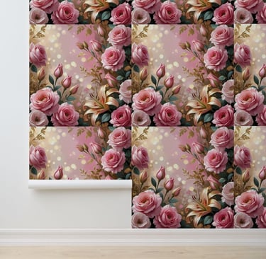 Peel and Stick Pink Gold Floral Rose Lily Dream Wallpaper