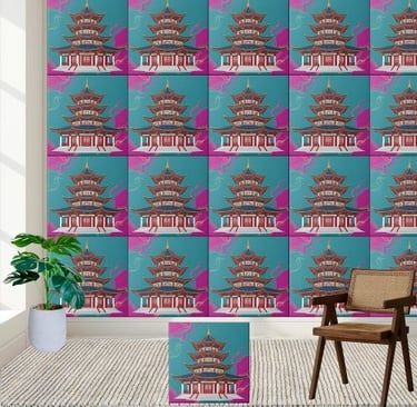 Teal & Magenta Oriental Pagoda Chinoiserie Tile