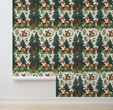 Cozy Forest Mushroom and Wildlife Peel and Stick Wallpaper