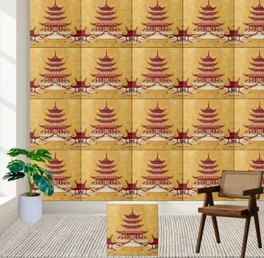 Gold Floral Asian Temple Chinoiserie Pagoda Tile