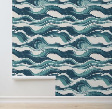 Ocean Waves Artistic Teal Blue White Removable Wallpaper