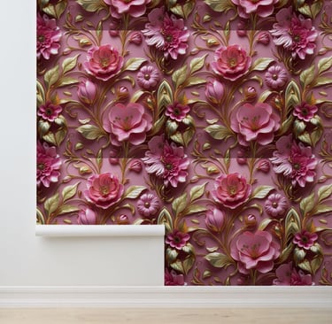 Modern 3D Pink Flower Gold Leaf Peel and Stick Wallpaper